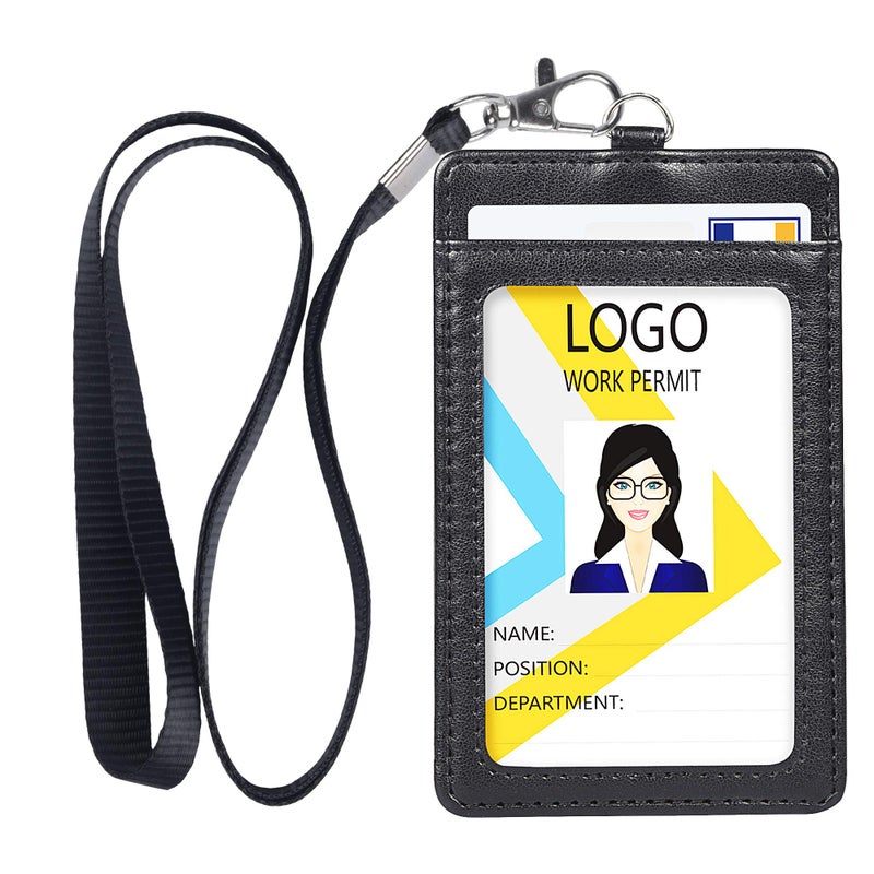 Teskyer Leather ID Badge Holder with Lanyard for Work School IDs, Cruise Ship Cards, Hotel Key Card, All Kinds of Pass Cards - Black - Image 1